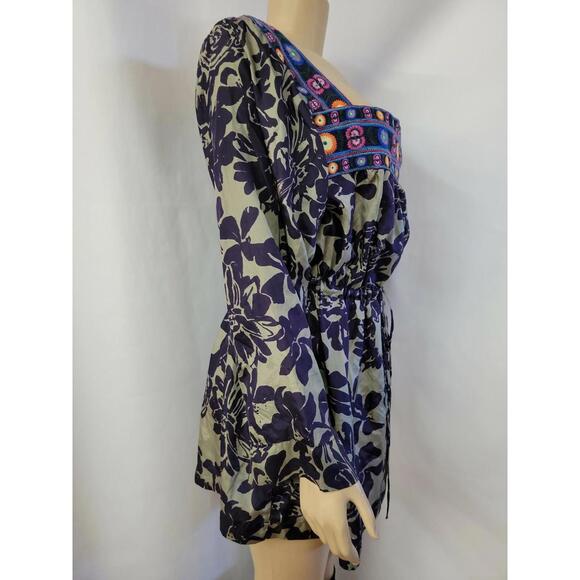 Johnny Was Square Neck Embroidered Floral Print Silk Dress Purple Sz M ?#C6 - Picture 4 of 9